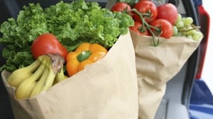 Two paper bags are overflowing with produce