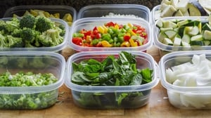 Rows of resealable containers filled with healthy fruits and vegetables