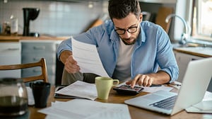 A man sits at his kitchen table with calculator and laptop