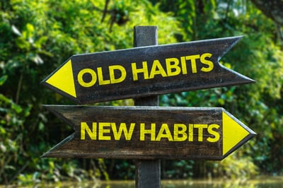 Old Habits - New Habits signpost with forest background